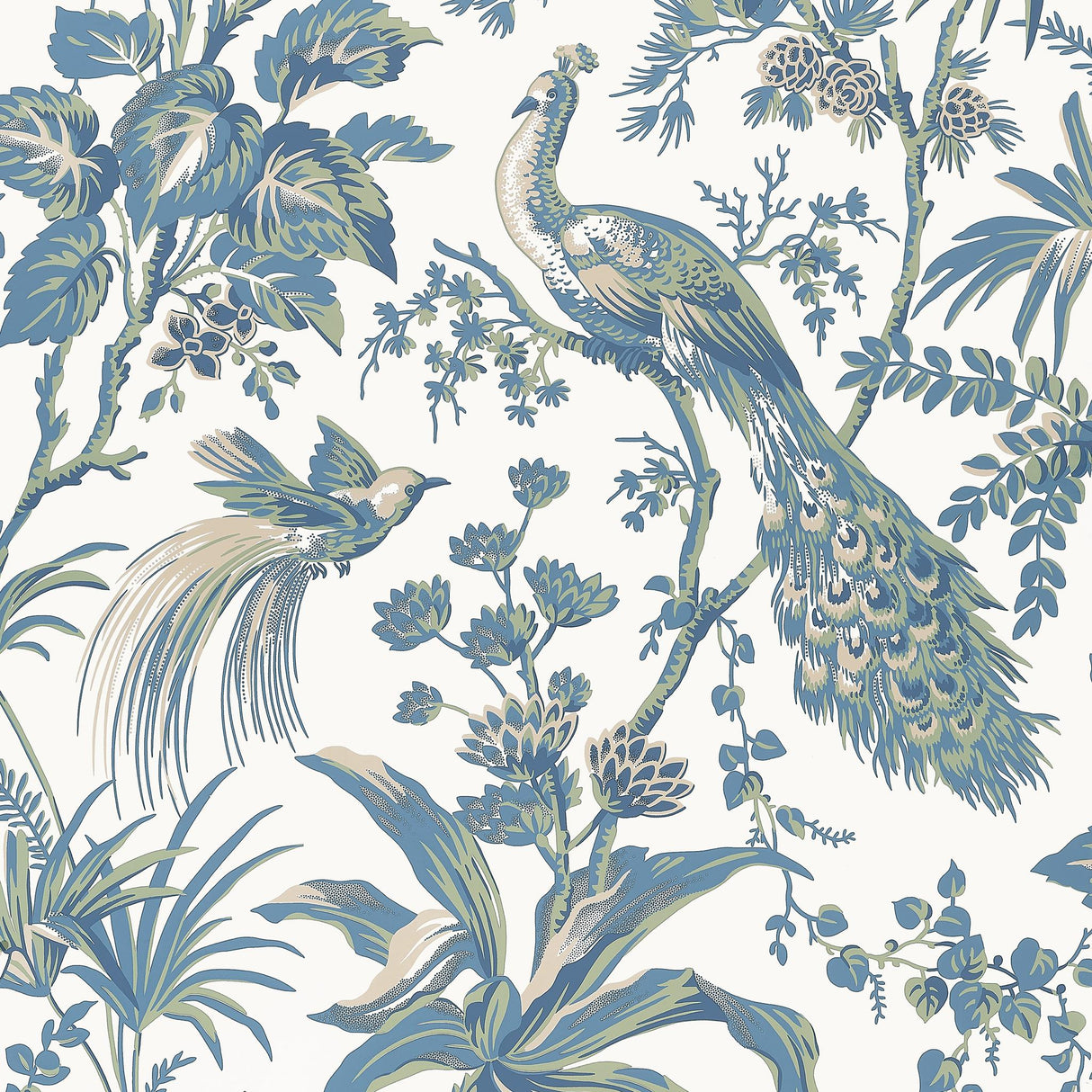 Anna French PEACOCK TOILE Blue and Green Wallpaper