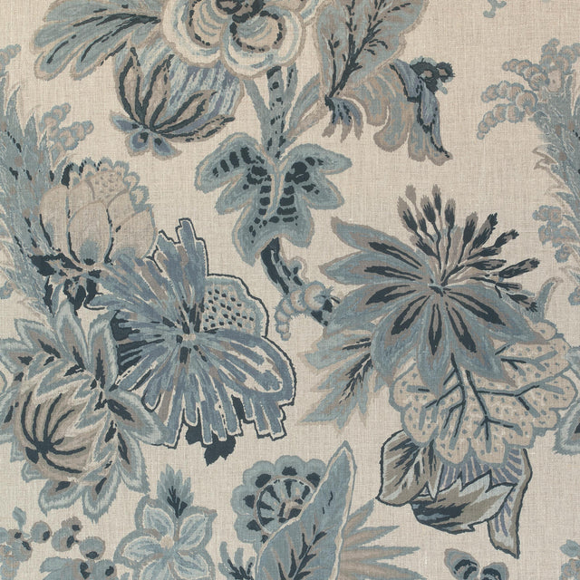 Thibaut Floral Gala Slate Blue And Flax Fabric