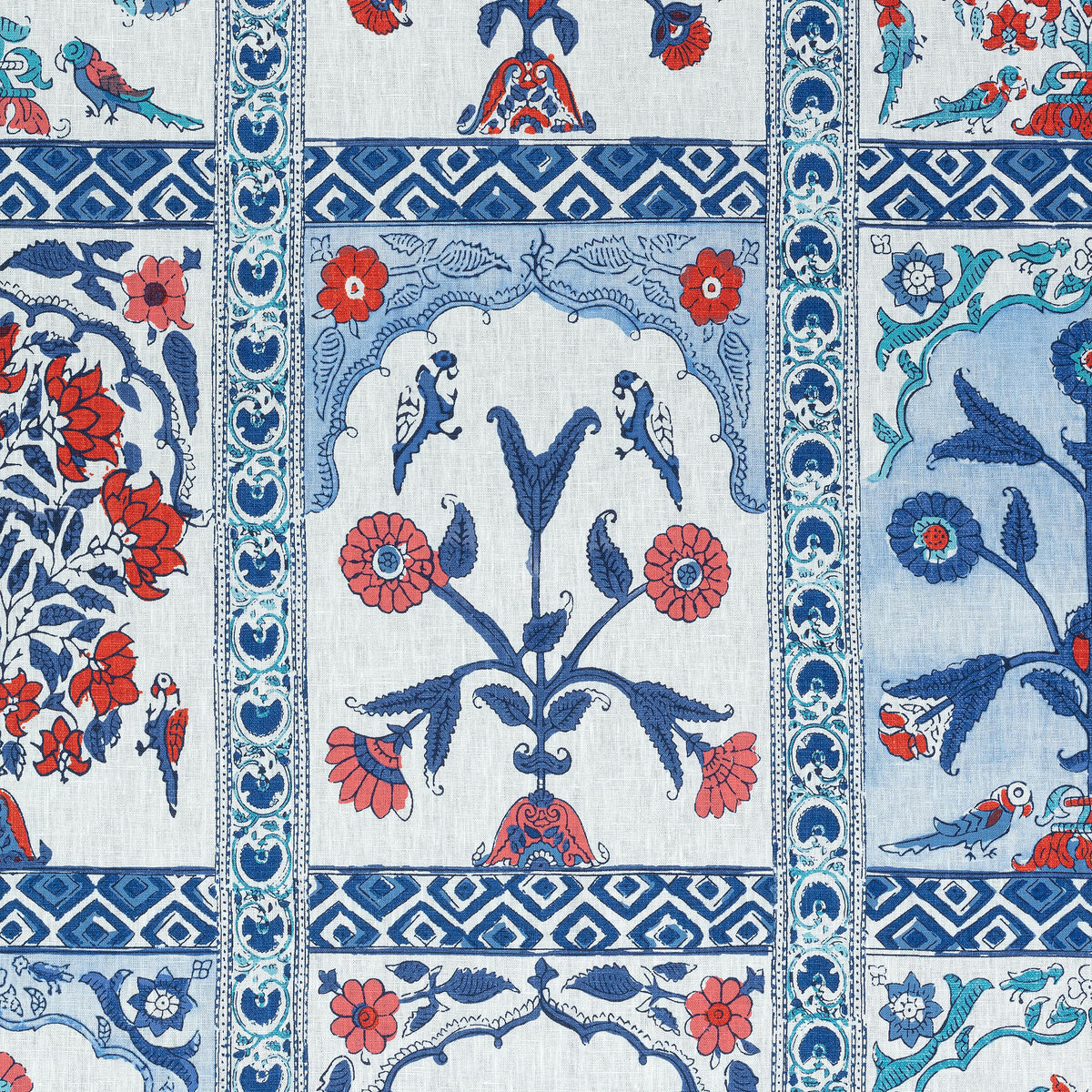 Thibaut Indian Panel Coral And Blue Fabric