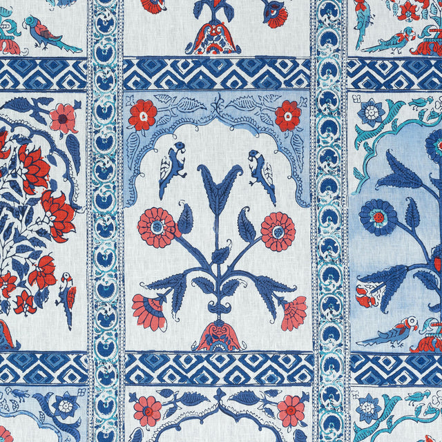 Thibaut Indian Panel Coral And Blue Fabric
