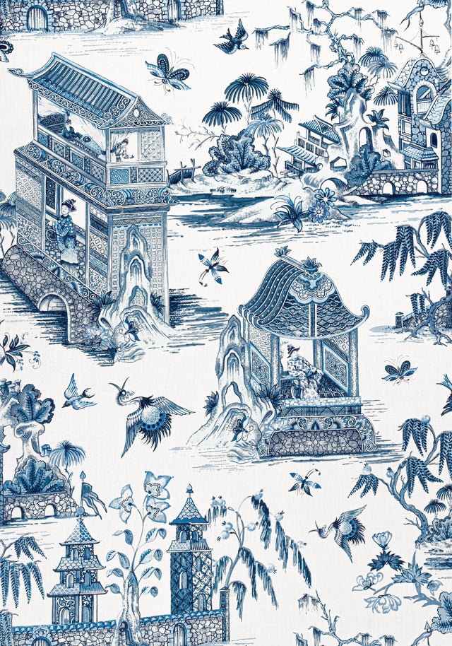 Thibaut GRAND PALACE Blue and White Fabric