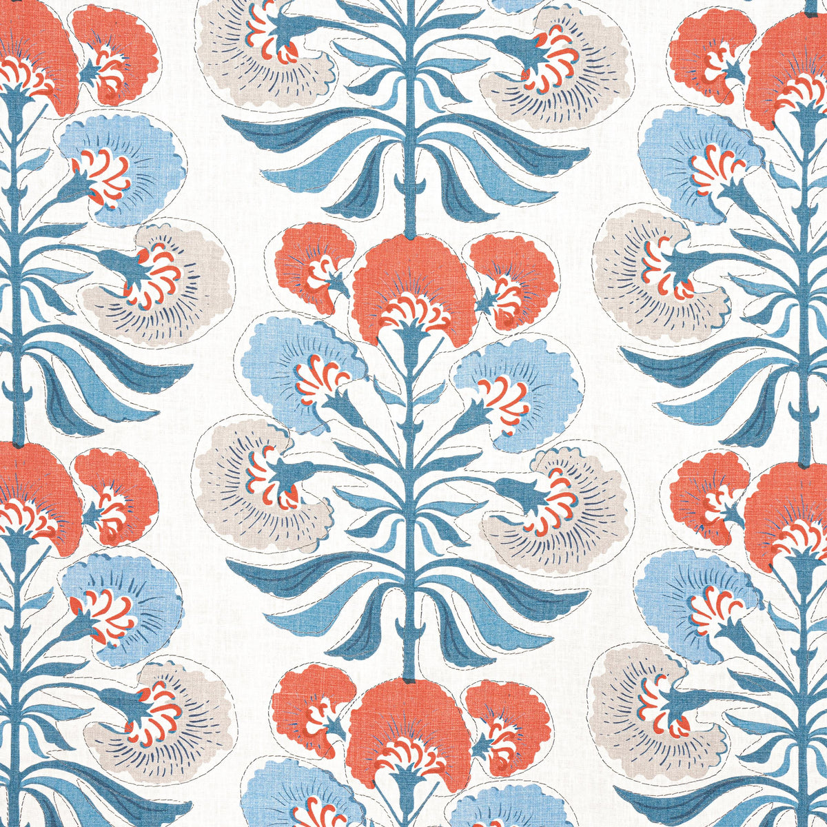 Thibaut Tybee Tree French Blue And Coral Fabric