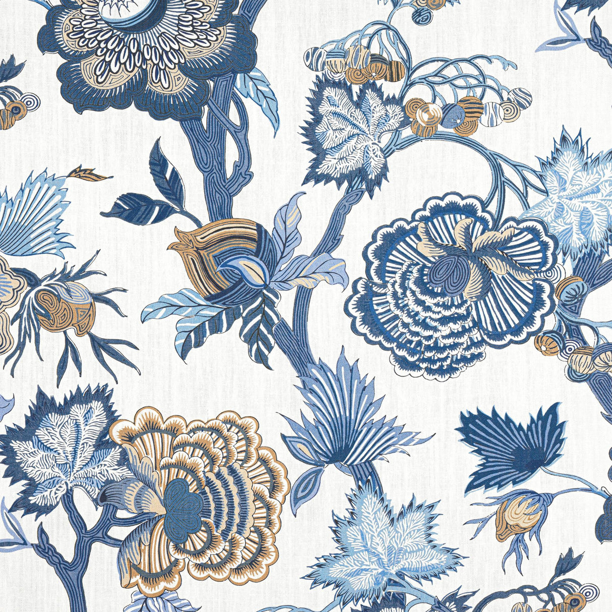 Thibaut INDIENNE JACOBEAN Blue and White Fabric
