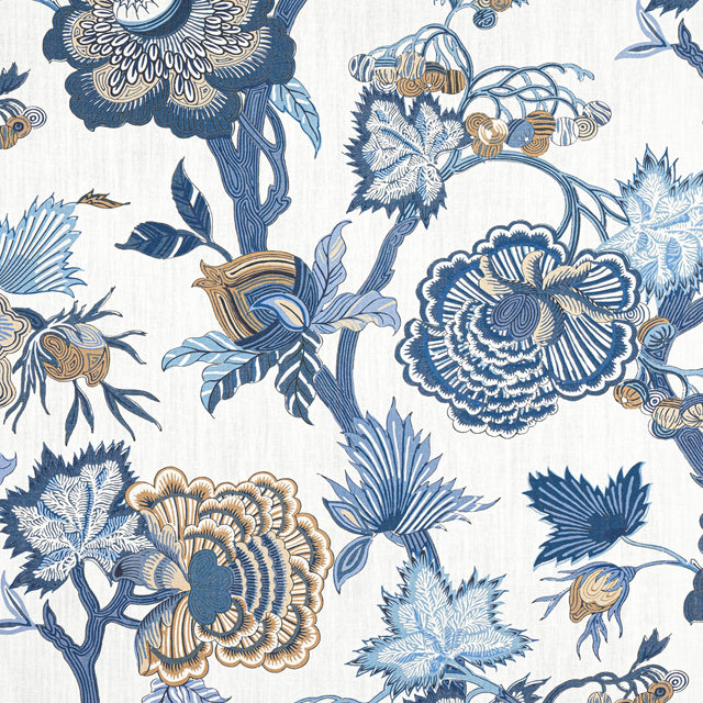 Thibaut INDIENNE JACOBEAN Blue and White Fabric