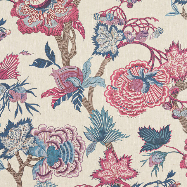Thibaut INDIENNE JACOBEAN Raspberry and Blue on Natural Fabric