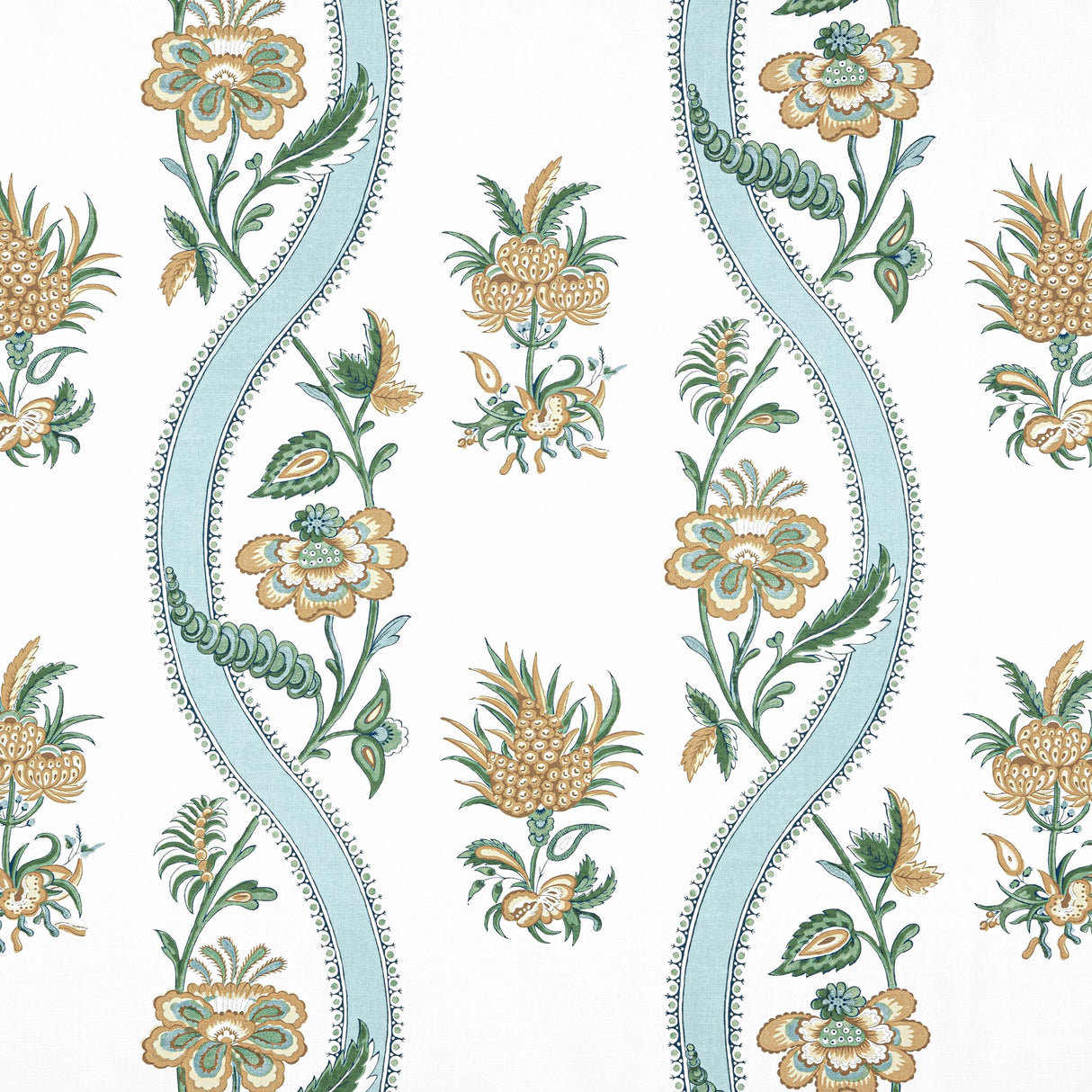Thibaut Ribbon Floral Seaglass And Gold Fabric