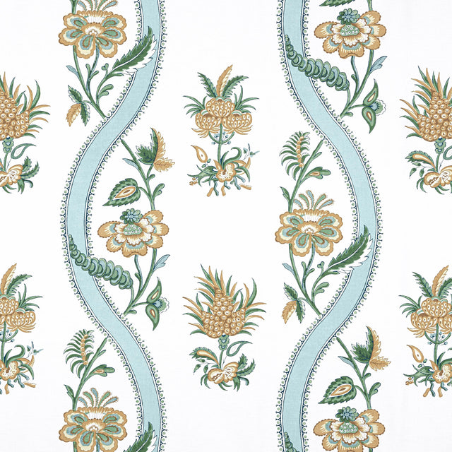Thibaut Ribbon Floral Seaglass And Gold Fabric