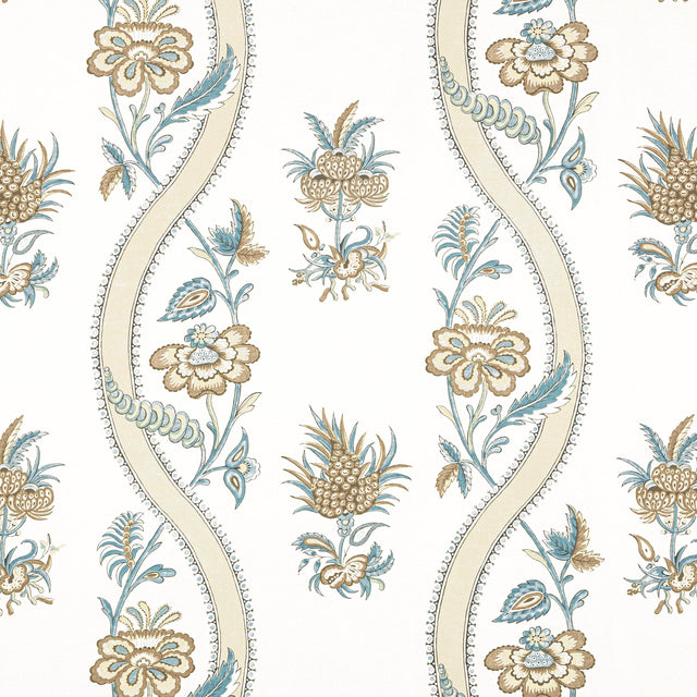Thibaut Ribbon Floral Beige And Spa Blue Fabric