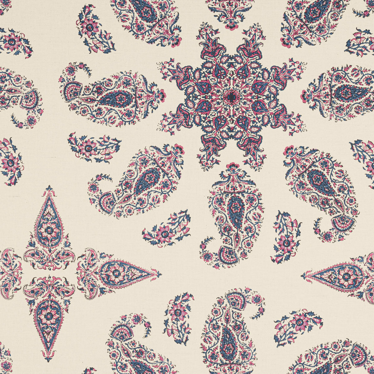 Thibaut East India Raspberry And Blue On Natural Fabric