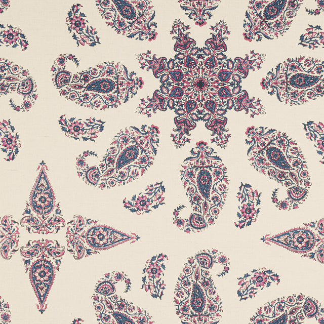 Thibaut East India Raspberry And Blue On Natural Fabric