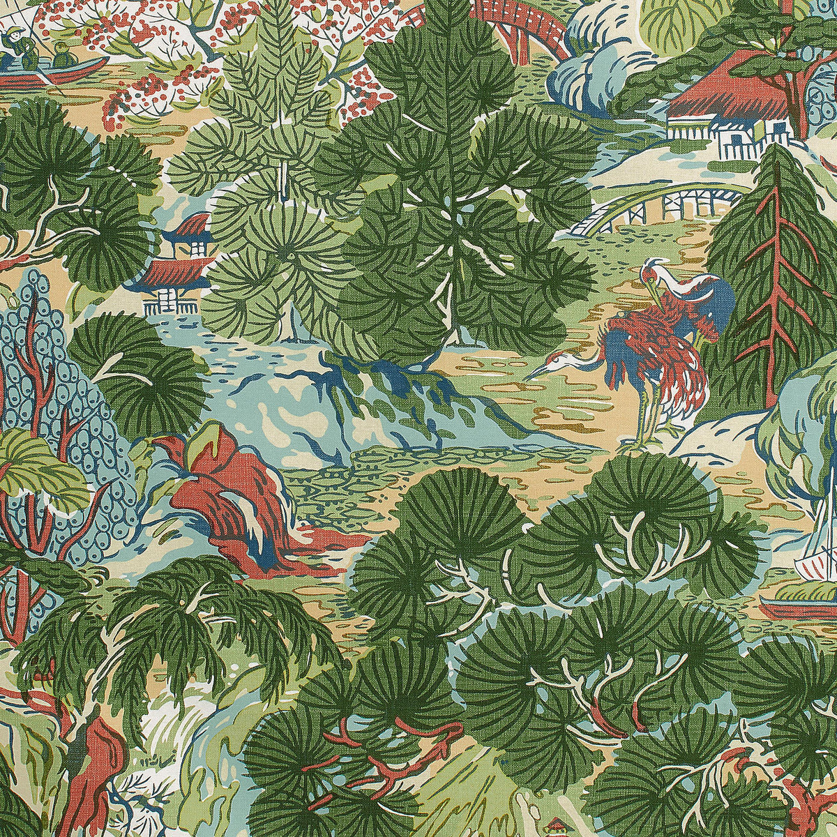 Thibaut Pagoda Trees Coral And Green Fabric