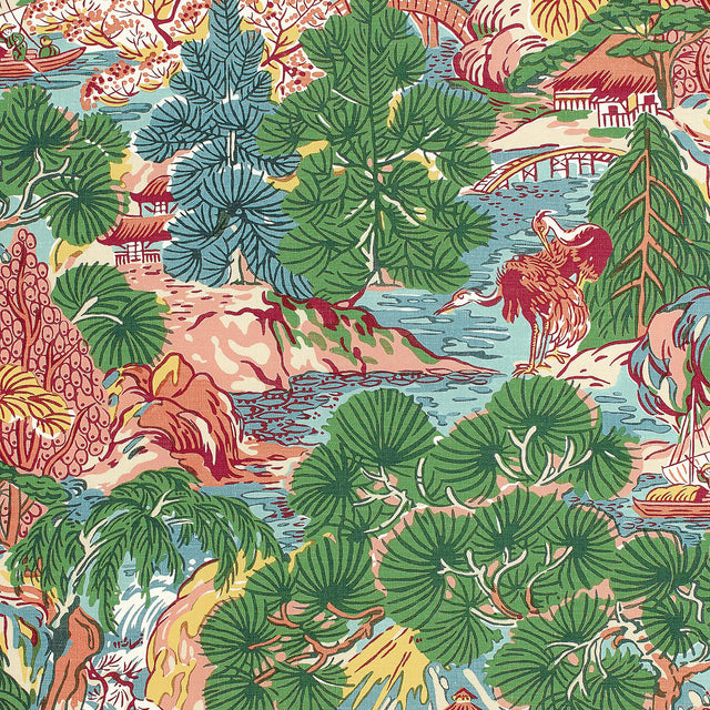 Thibaut Pagoda Trees Pink And Green Fabric