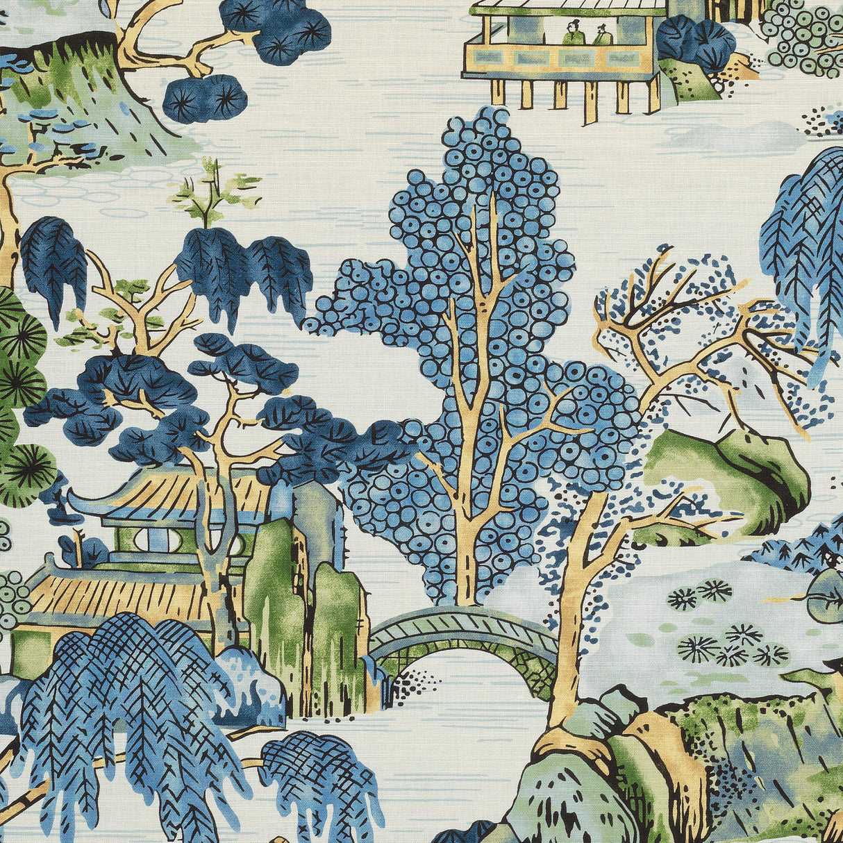 Thibaut Asian Scenic Blue And Green Fabric