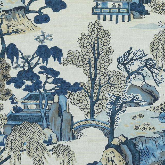 Thibaut Asian Scenic Blue And Beige Fabric