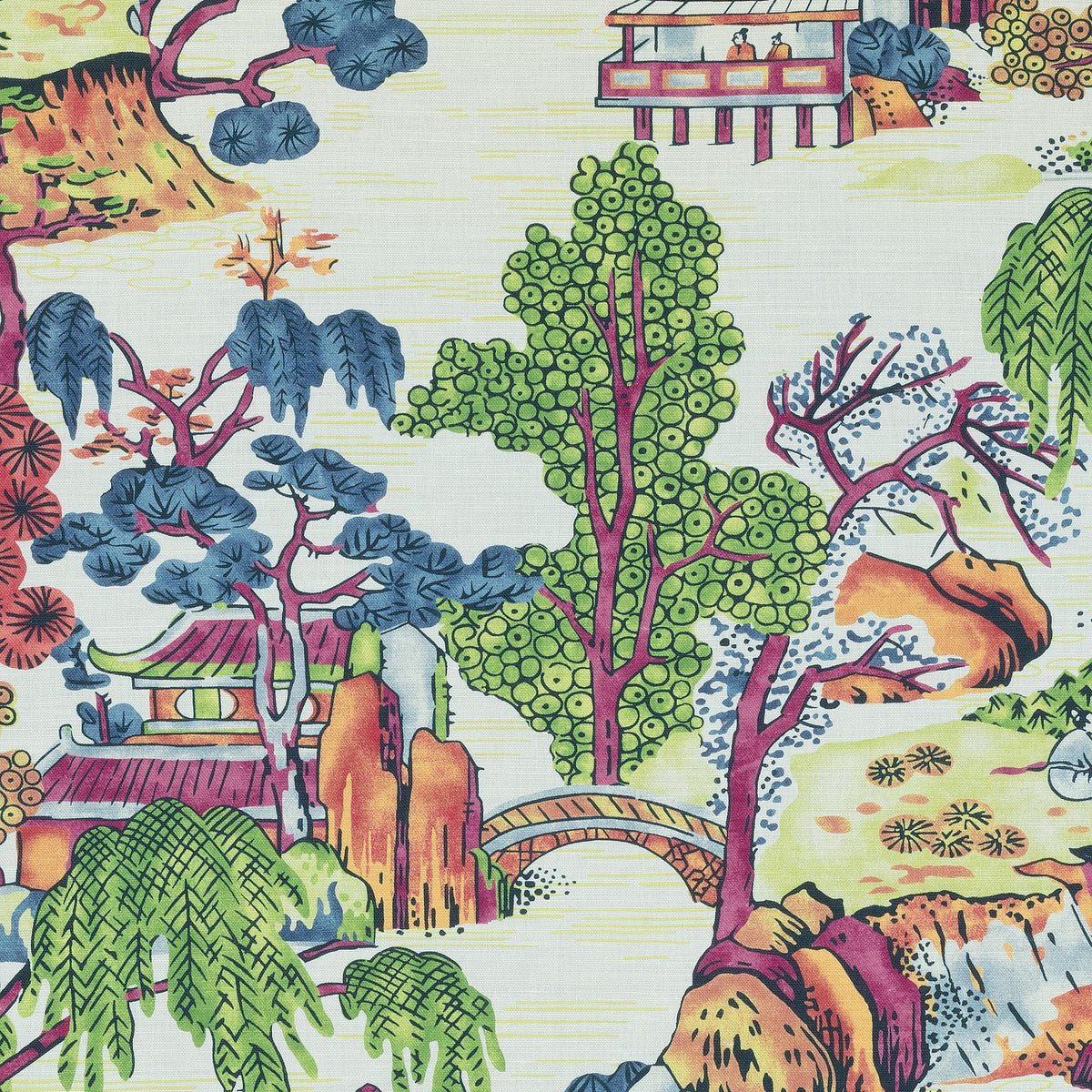 Thibaut Asian Scenic Coral And Green Fabric