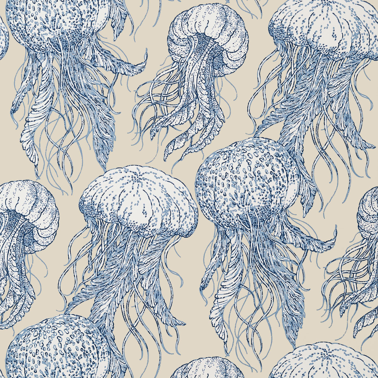 Thibaut Jelly Fish Bloom Blue And Beige Wallpaper
