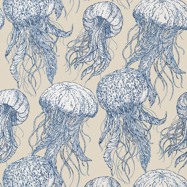 Thibaut Jelly Fish Bloom Blue And Beige Wallpaper