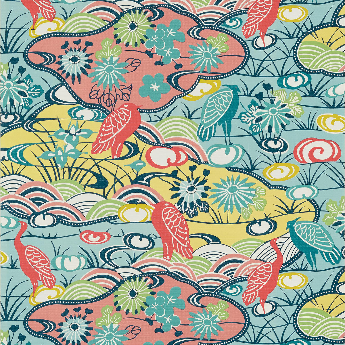 Thibaut Heron Stream Coral And Aqua Wallpaper