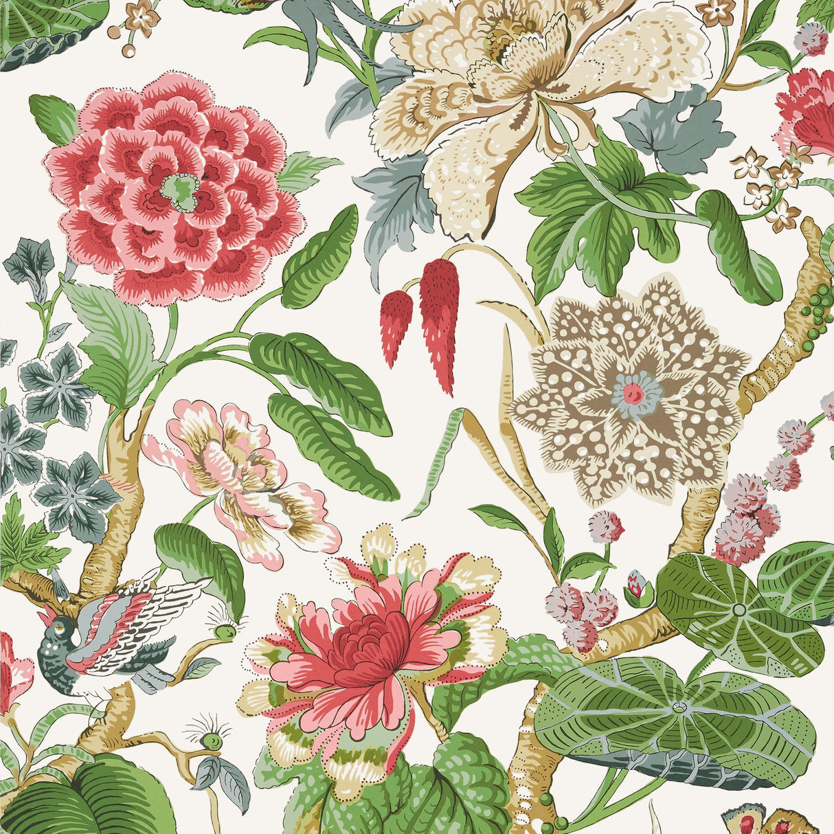 Thibaut Hill Garden Coral And Green Wallpaper