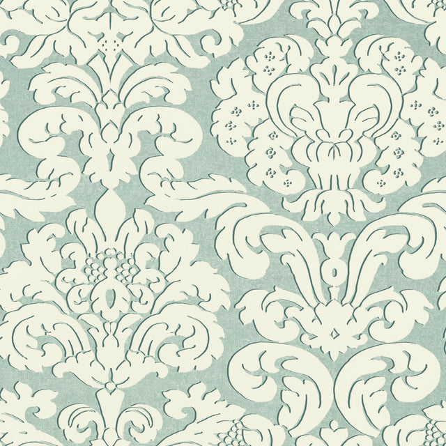 Thibaut Trelawny Damask Aqua Wallpaper