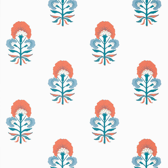 Thibaut TYBEE BUD French Blue and Coral Wallpaper