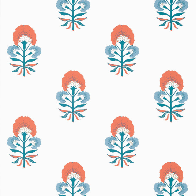Thibaut Tybee Bud French Blue And Coral Wallpaper