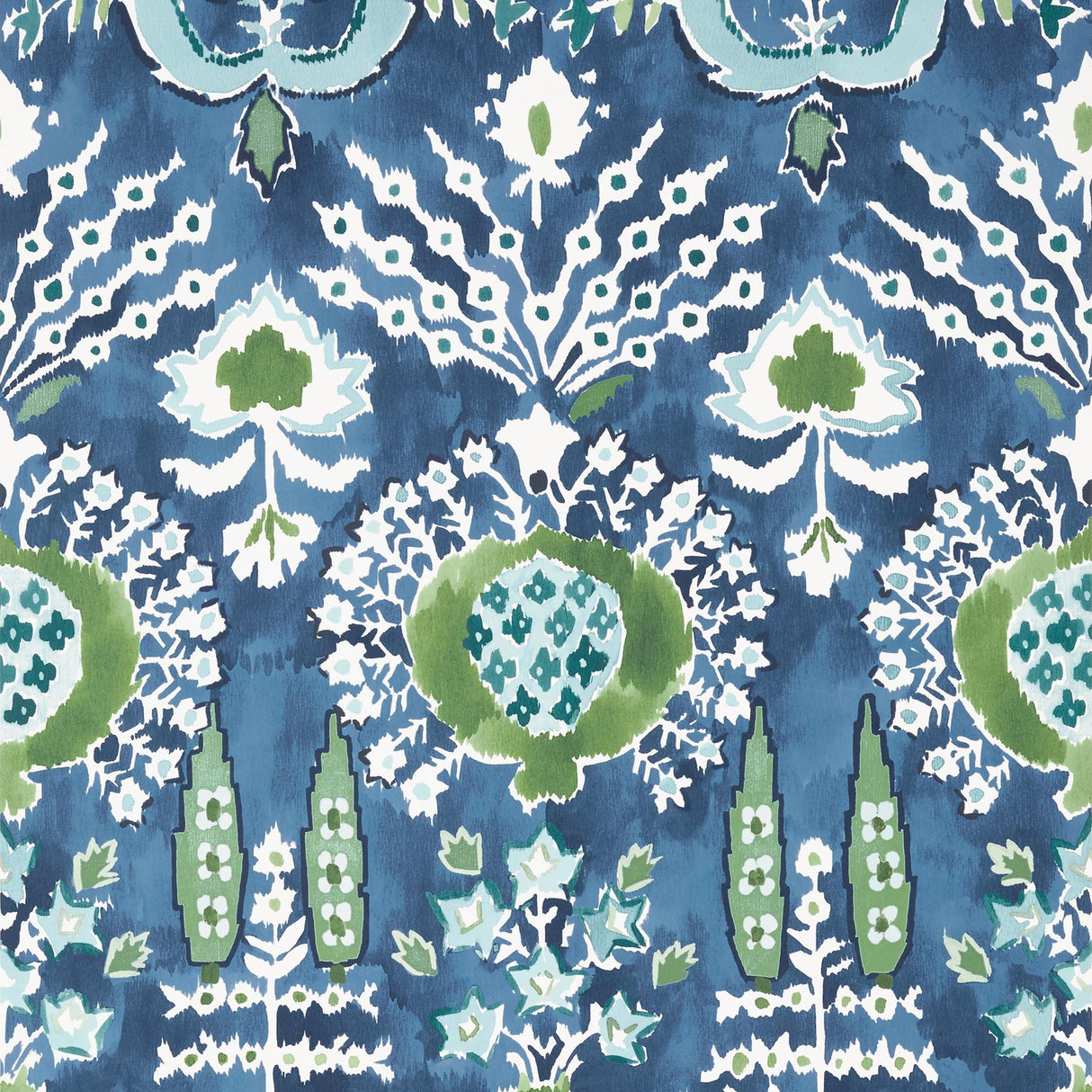 Thibaut MENDOZA SUZANI Blue and Green on Navy Wallpaper