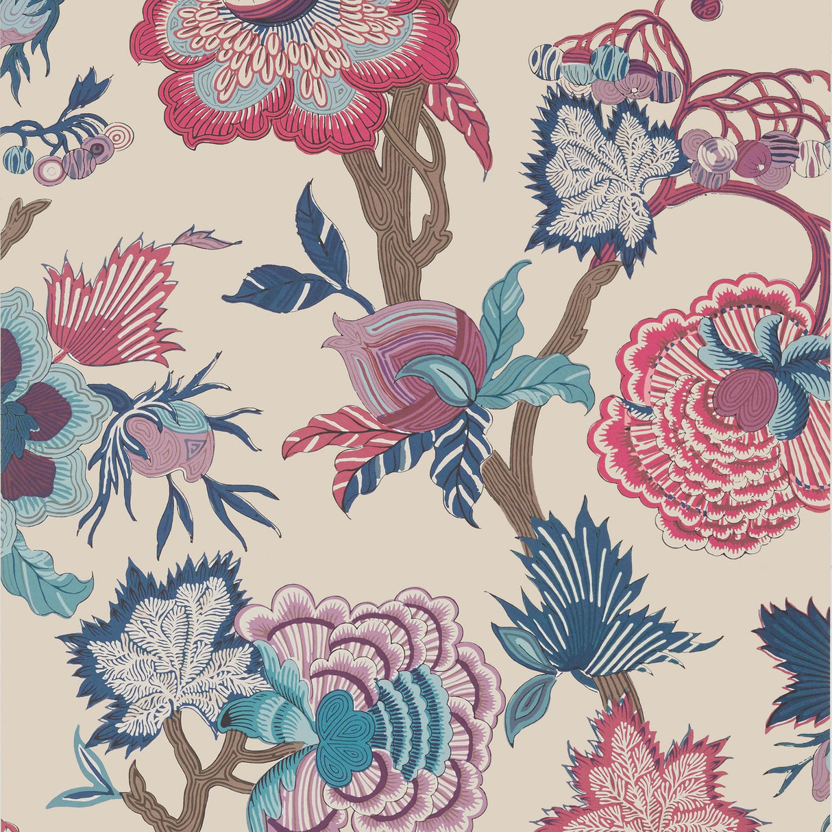 Thibaut INDIENNE JACOBEAN Raspberry and Blue on Natural Wallpaper