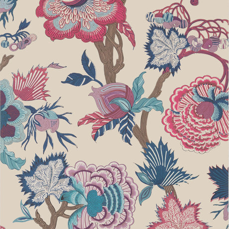 Thibaut INDIENNE JACOBEAN Raspberry and Blue on Natural Wallpaper