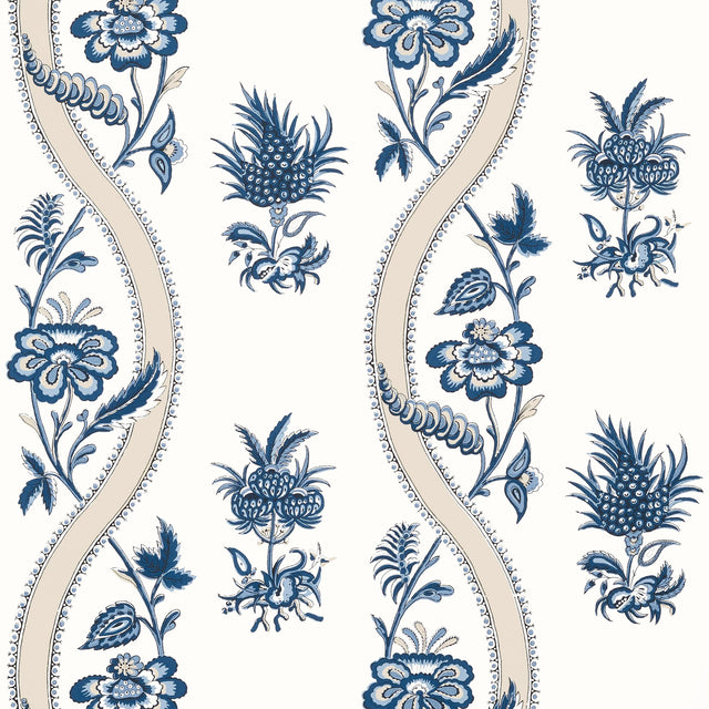 Thibaut Ribbon Floral Blue And White Wallpaper