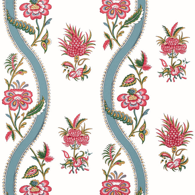 Thibaut Ribbon Floral Raspberry And Teal Wallpaper