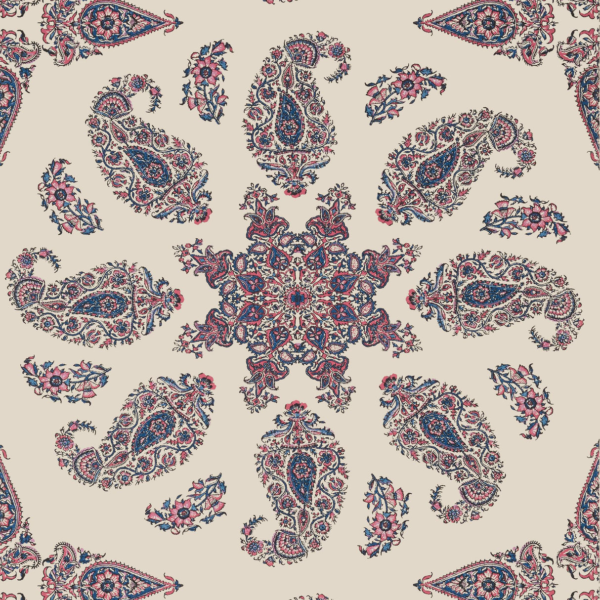 Thibaut EAST INDIA Raspberry and Blue on Natural Wallpaper