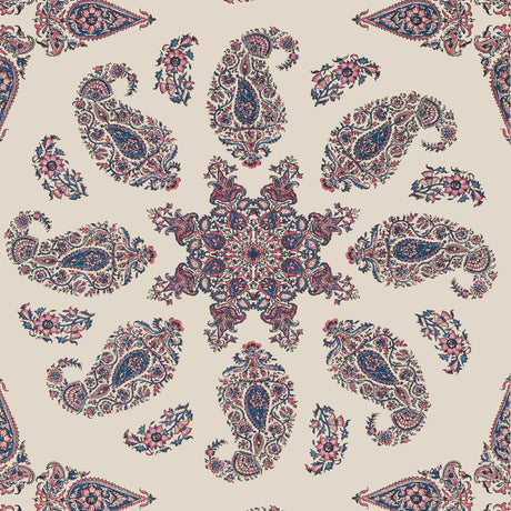 Thibaut EAST INDIA Raspberry and Blue on Natural Wallpaper