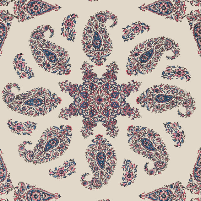 Thibaut EAST INDIA Raspberry and Blue on Natural Wallpaper