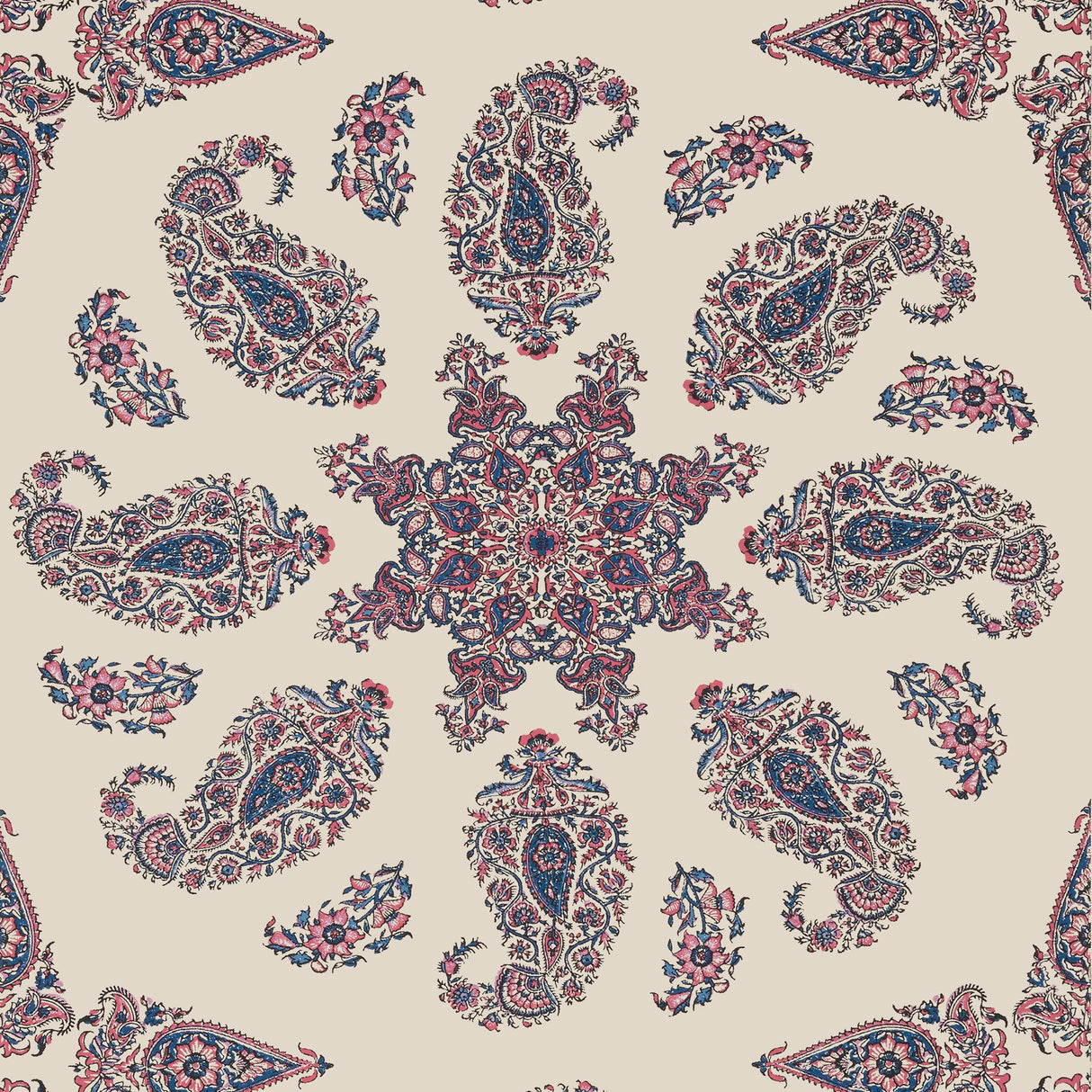 Thibaut East India Raspberry And Blue On Natural Wallpaper
