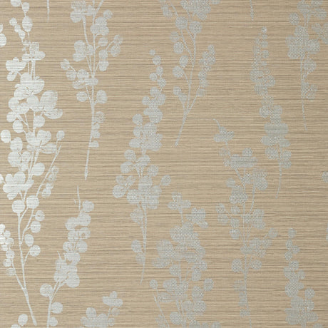 Thibaut SPRING BLOOMS Metallic Silver on Taupe Wallpaper