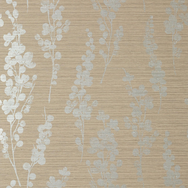 Thibaut SPRING BLOOMS Metallic Silver on Taupe Wallpaper