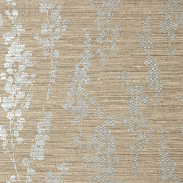Thibaut Spring Blooms Metallic Silver On Taupe Wallpaper