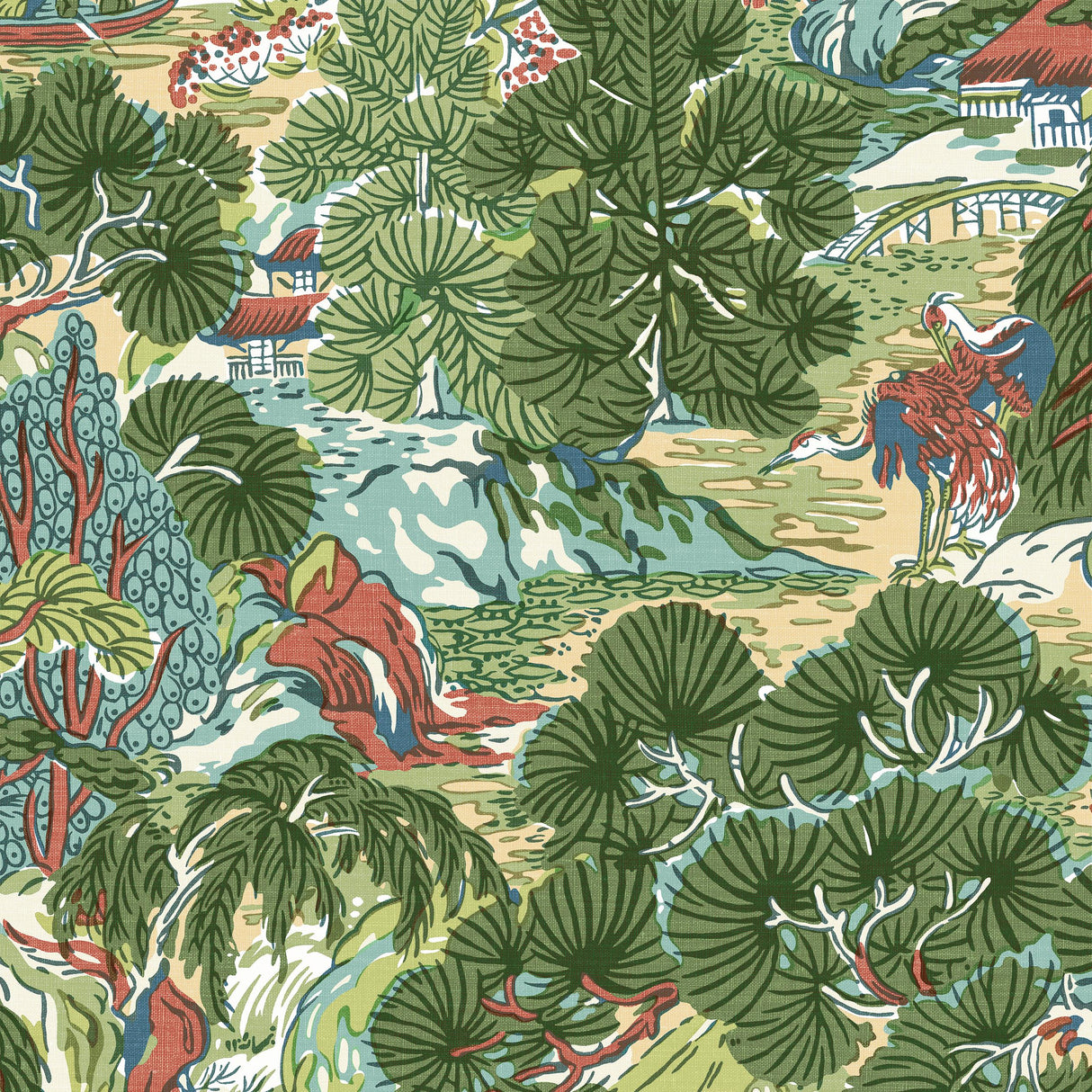 Thibaut Pagoda Trees Coral And Green Wallpaper
