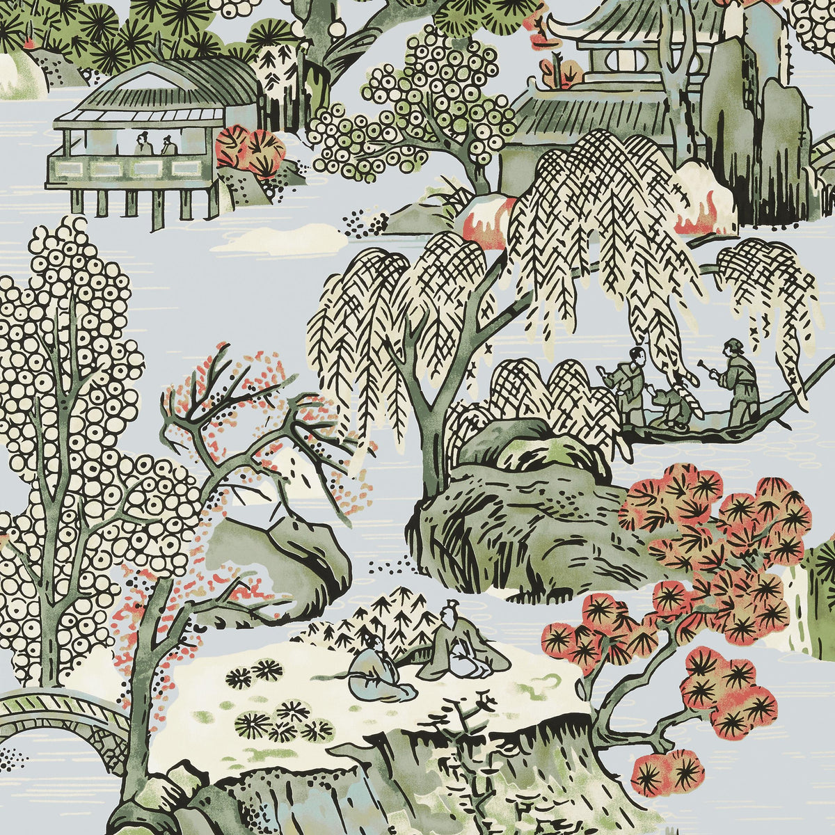 Thibaut Asian Scenic Robin'S Egg Wallpaper