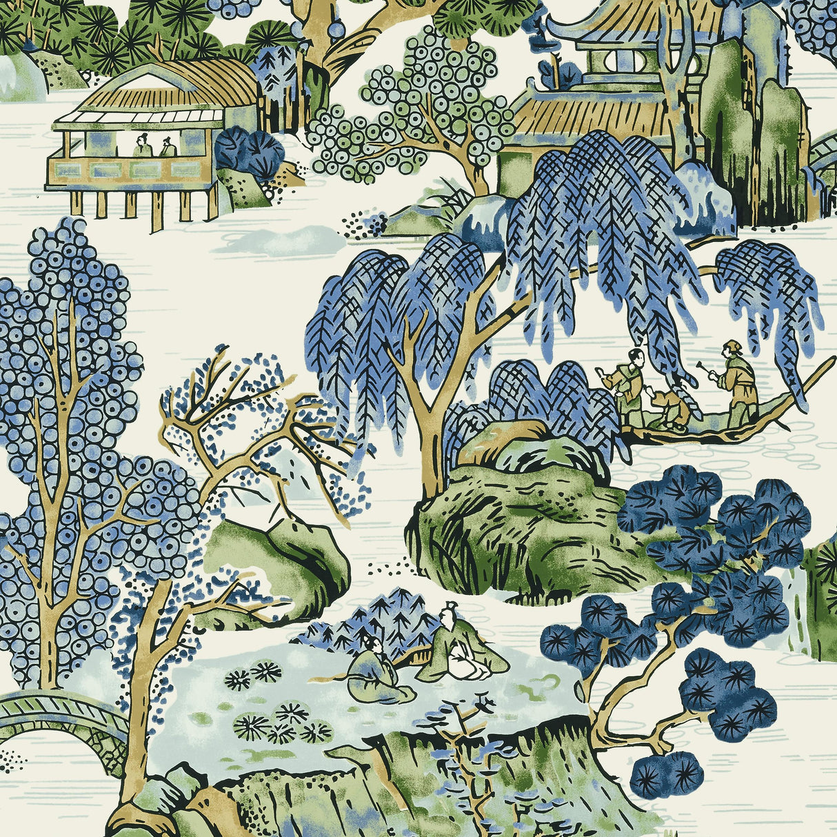 Thibaut Asian Scenic Blue And Green Wallpaper