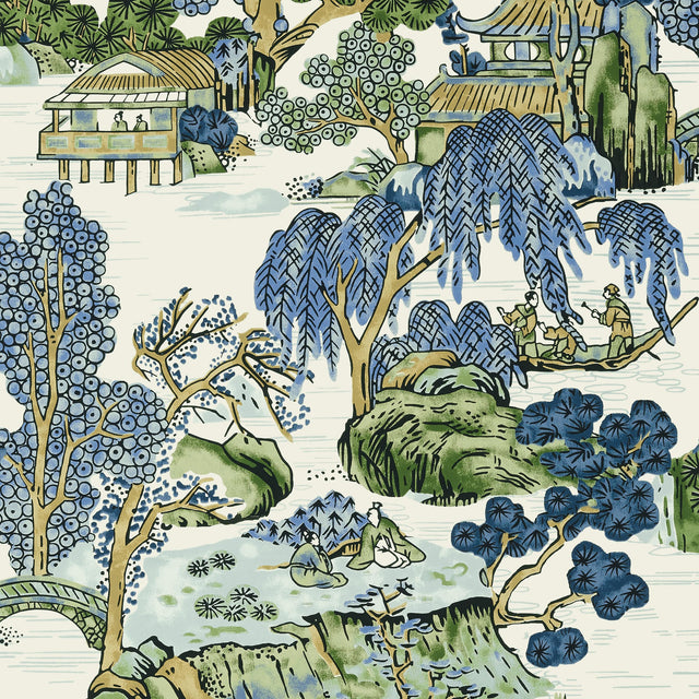 Thibaut Asian Scenic Blue And Green Wallpaper
