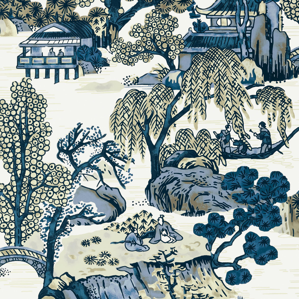 Thibaut Asian Scenic Blue And Beige Wallpaper