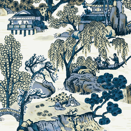 Thibaut Asian Scenic Blue And Beige Wallpaper
