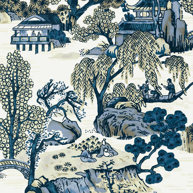 Thibaut Asian Scenic Blue And Beige Wallpaper