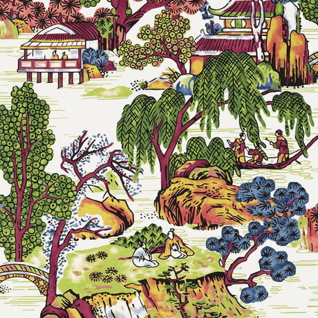Thibaut Asian Scenic Coral And Green Wallpaper