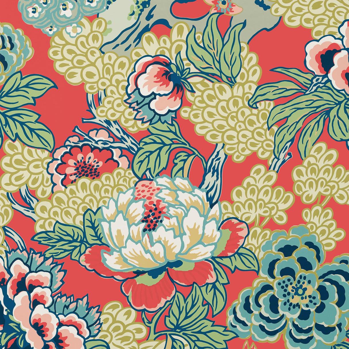 Thibaut Honshu Coral And Green Wallpaper