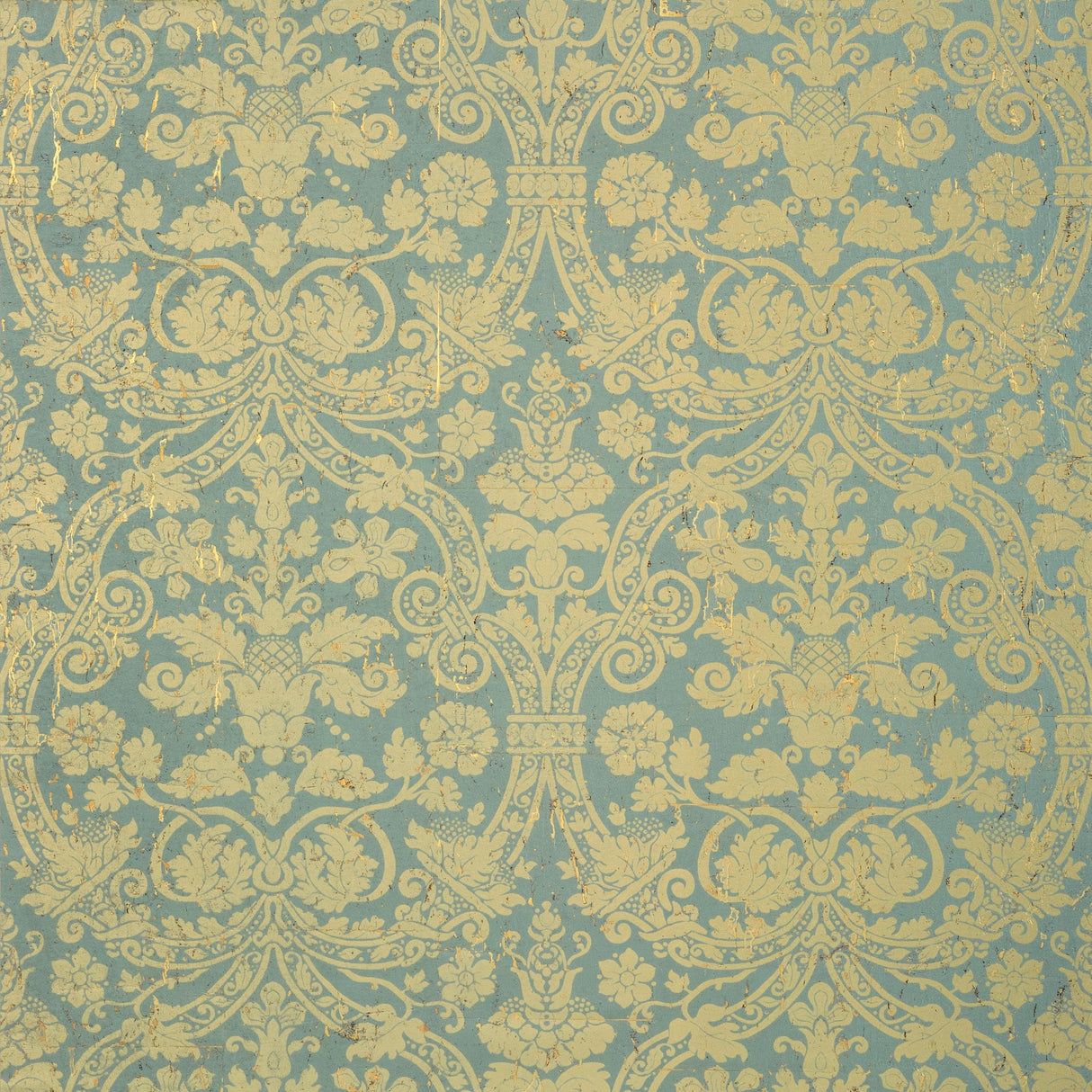 Thibaut Curtis Damask Metallic Gold On Aqua Wallpaper