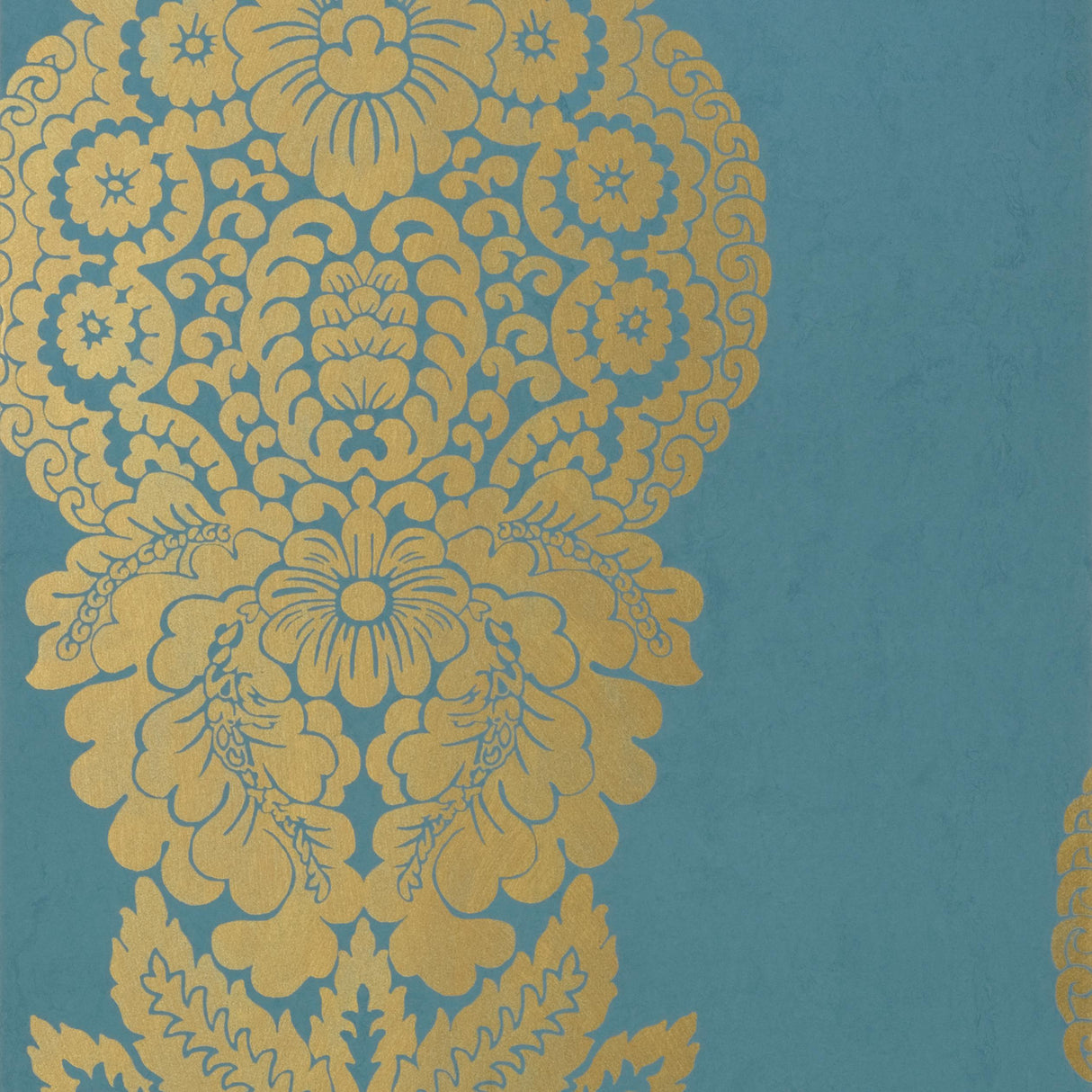 Thibaut Rowan Damask Metallic Gold On Peacock Wallpaper