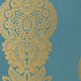 Thibaut Rowan Damask Metallic Gold On Peacock Wallpaper